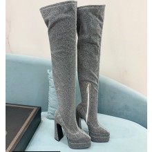 Versace Heel 15cm Platform 5.5cm Leather Knee-high boots Glitter Silver 2022