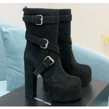 Saint Laurent Heel 14.5cm Platform 5.5cm Cherry Buckle-Trio Booties Suede Black 2022