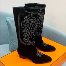 Hermes Folk 35 boots with embroidered details Calfskin Suede Black 2022