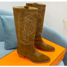 Hermes Folk 35 boots with embroidered details Calfskin Suede Brown 2022