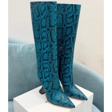 Amina Muaddi Heel 10.5cm Rain Leather boots python-print Blue 2022