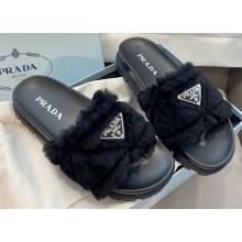 Prada triangle logo Shearling slides 1XX592 Black 2022