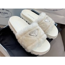 Prada triangle logo Shearling slides 1XX592 White 2022