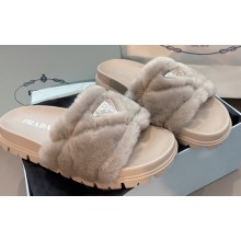 Prada triangle logo Shearling slides 1XX592 Gray 2022