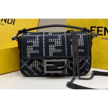 Fendi Mini Baguette houndstooth wool bag with FF embroidery Blue
