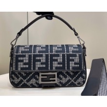Fendi Medium Baguette houndstooth wool bag with FF embroidery Blue