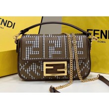 Fendi Mini Baguette houndstooth wool bag with FF embroidery Brown