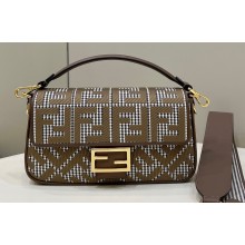 Fendi Medium Baguette houndstooth wool bag with FF embroidery Brown