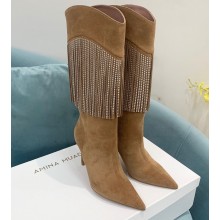 Amina Muaddi Heel 9.5cm Lily crystal Fringe Suede boots Brown 2022