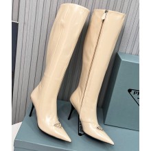 Prada Heel 8.5cm leather iconic triangle logo knee-high Boots Brushed Beige