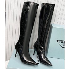 Prada Heel 8.5cm leather iconic triangle logo knee-high Boots Patent Black