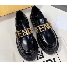Fendi Logo Brushed Leather Loafers Black 2022