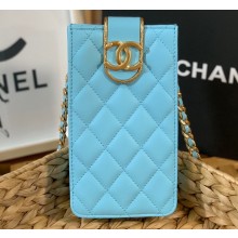 Chanel Lambskin Flap Phone Holder with Chain Bag AP2981 Light Blue 2022