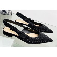 Dior J'Adior Slingback Ballerina Flats in Black Cotton Embroidered with Strass 2023