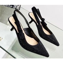 Dior Heel 6.5cm J'Adior Slingback Pumps in Black Cotton Embroidered with Strass 2023