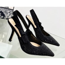 Dior Heel 9.5cm J'Adior Slingback Pumps in Black Cotton Embroidered with Strass 2023