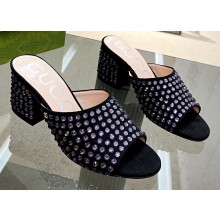 Gucci Heel 6.5cm Slide Sandals Black with Crystals 06 2023