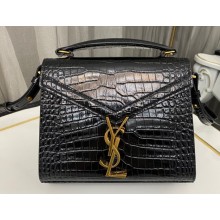 Saint Laurent cassandra mini top handle bag in crocodile-embossed shiny leather 623930 Black