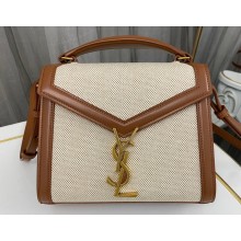 Saint Laurent cassandra mini top handle bag in canvas and smooth leather 623930 Brown