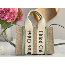 Chloe Mini Woody tote bag in linen canvas and shiny calfskin with Woody ribbon and Strap 04