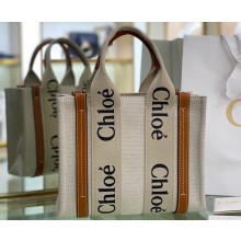Chloe Small Woody tote bag in linen canvas and shiny calfskin with Woody ribbon 03