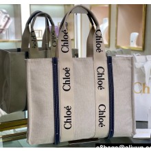 Chloe Large Woody tote bag in linen canvas and shiny calfskin with Woody ribbon 02