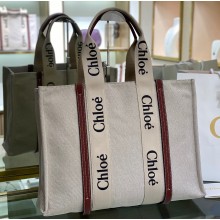 Chloe Large Woody tote bag in linen canvas and shiny calfskin with Woody ribbon 03