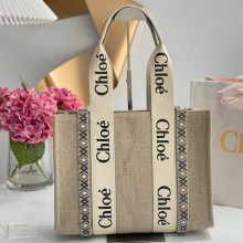 Chloe Medium Woody tote bag in linen canvas and shiny calfskin with Woody ribbon 10