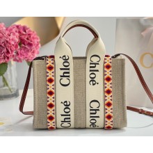 Chloe Small Woody tote bag in linen canvas and shiny calfskin with Woody ribbon and Strap 14