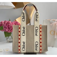 Chloe Medium Woody tote bag in linen canvas and shiny calfskin with Woody ribbon 11