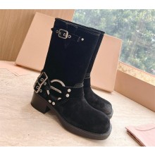 Miu Miu Leather Ankle Boots Black with straps and buckles in suede leather 2023