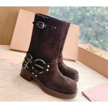 Miu Miu Leather Ankle Boots sienna with straps and buckles in suede leather 2023