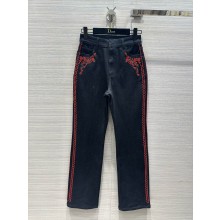 dior black Cotton Denim and Coral-Colored Beads Embroidered Fitted Jeans 2024 