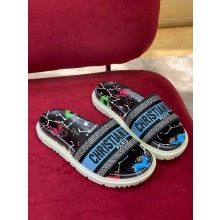 dior Black Multicolor Embroidered Cotton with Dior Pixel Zodiac Motif new Dway Slide 2022