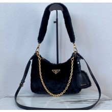 Prada Shearling Mini Hobo Bag 1BC204 Black