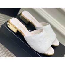 Chanel Camellia Embossed Logo Flat Mules White 2023