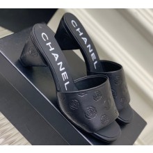 Chanel Camellia Embossed Logo Heel Mules Black 2023
