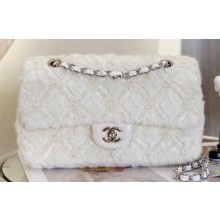 Chanel Fur Sequins and Pearl Classic Flap Handbag White 2023