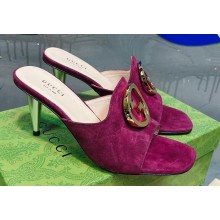 Gucci Heel 7cm Slide Sandals Suede Purple with Gold Interlocking G 2023