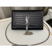 Saint Laurent kate medium chain bag with tassel in crocodile-embossed leather 354119 Black/Silver
