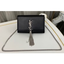 Saint Laurent kate small chain bag with tassel in grain de poudre embossed leather 474366 Black/Silver