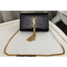 Saint Laurent kate small chain bag with tassel in crocodile-embossed shiny leather 474366 Black/Gold