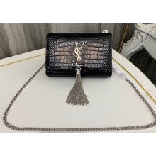Saint Laurent kate small chain bag with tassel in crocodile-embossed shiny leather 474366 Black/Silver