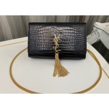 Saint Laurent kate medium chain bag with tassel in crocodile-embossed shiny leather 354119 Black/Gold