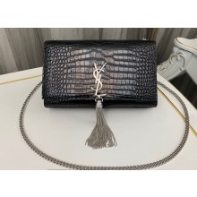 Saint Laurent kate medium chain bag with tassel in crocodile-embossed shiny leather 354119 Black/Silver