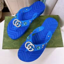 Cheap Sale Gucci Chevron Thong Sandals with Crystal Double G Blue
