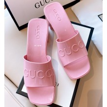 Cheap Sale Gucci Heel 5.5cm Platform 2.5cm Embossed Logo Rubber Slide Sandals Pink