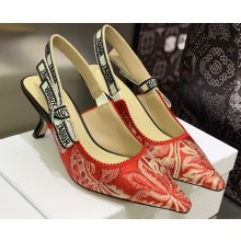 Dior Heel 6.5cm J'Adior Slingback Pumps in Red Brocart Embroidered Cotton with Gold-Tone Metallic Thread 2023