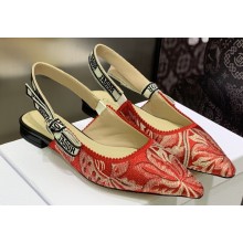 Dior J'Adior Slingback Ballerina Flats in Red Brocart Embroidered Cotton with Gold-Tone Metallic Thread 2023