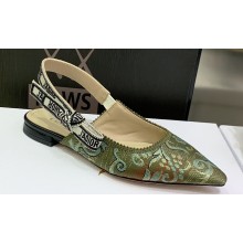 Dior J'Adior Slingback Ballerina Flats in Green Brocart Embroidered Cotton with Gold-Tone Metallic Thread 2023